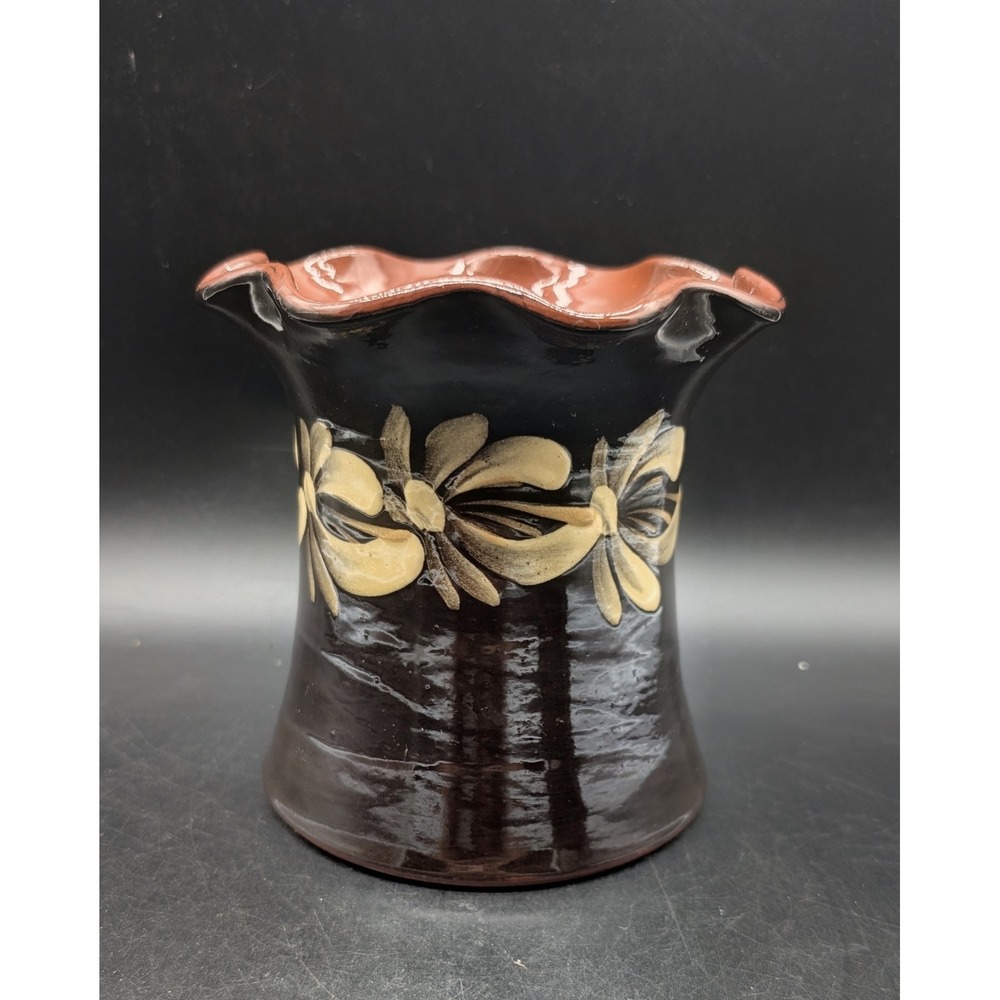 Eldreth Pottery Redware Ruffled Vase Dark Brown Floral Slipware 2005 Signed 5.5"